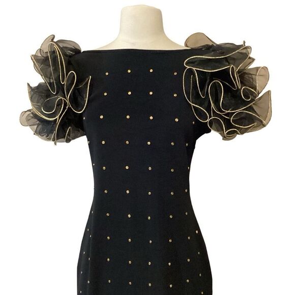 Tadashi Shoji Silk Puff Sleeve Black Body Con Party Dress Vintage ‘90s sz S - Picture 3 of 9